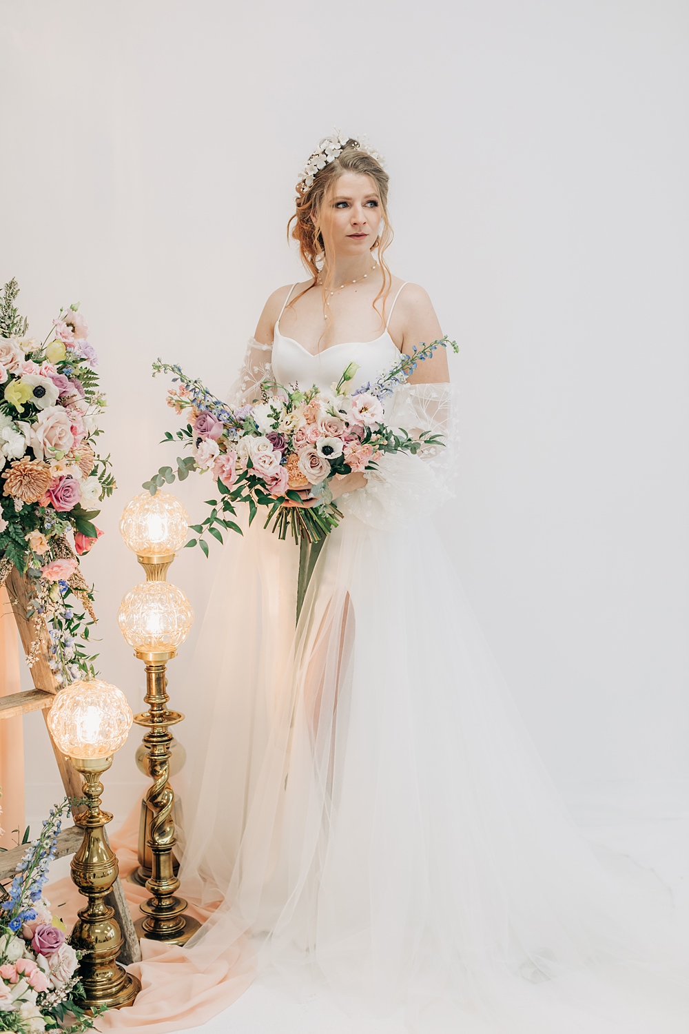 Dress Gown Bride Sleeves Skirt Split Laudae Peach Yellow Lilac Wedding Ideas Tess Lucas Photography