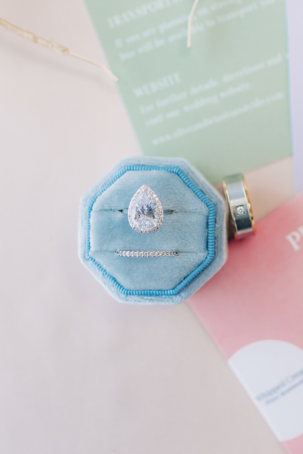 Engagement Ring Pear Blue Velvet Box Peach Yellow Lilac Wedding Ideas Tess Lucas Photography