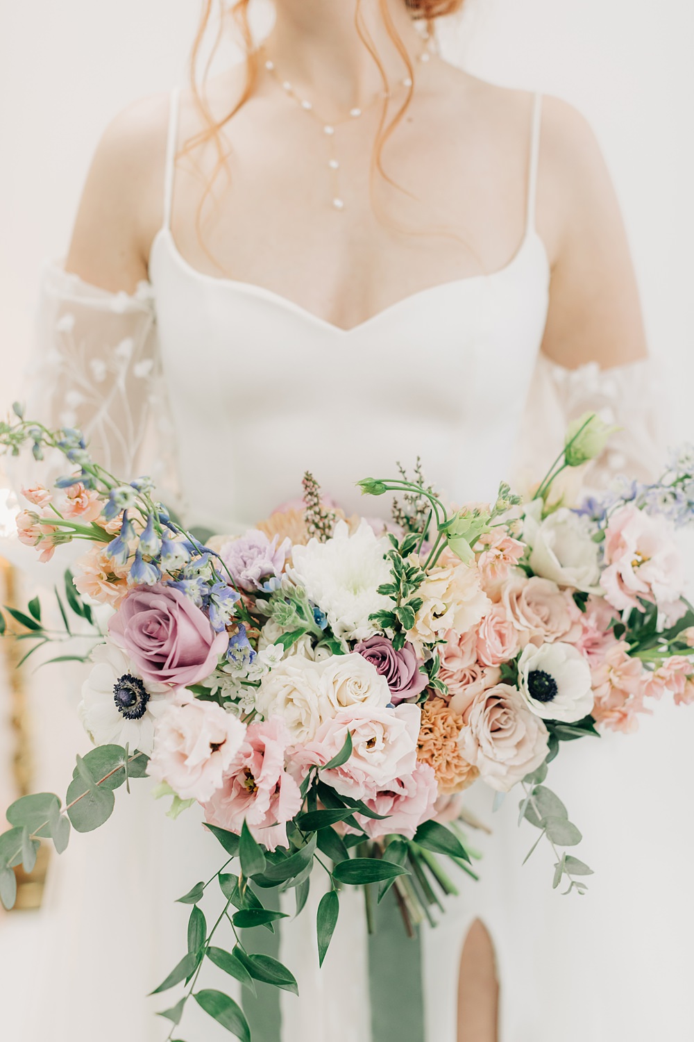 Bouquet Flowers Bride Rose Anemone Blue White Peach Yellow Lilac Wedding Ideas Tess Lucas Photography