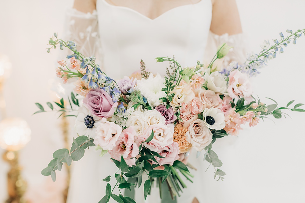 Bouquet Flowers Bride Rose Anemone Blue White Peach Yellow Lilac Wedding Ideas Tess Lucas Photography
