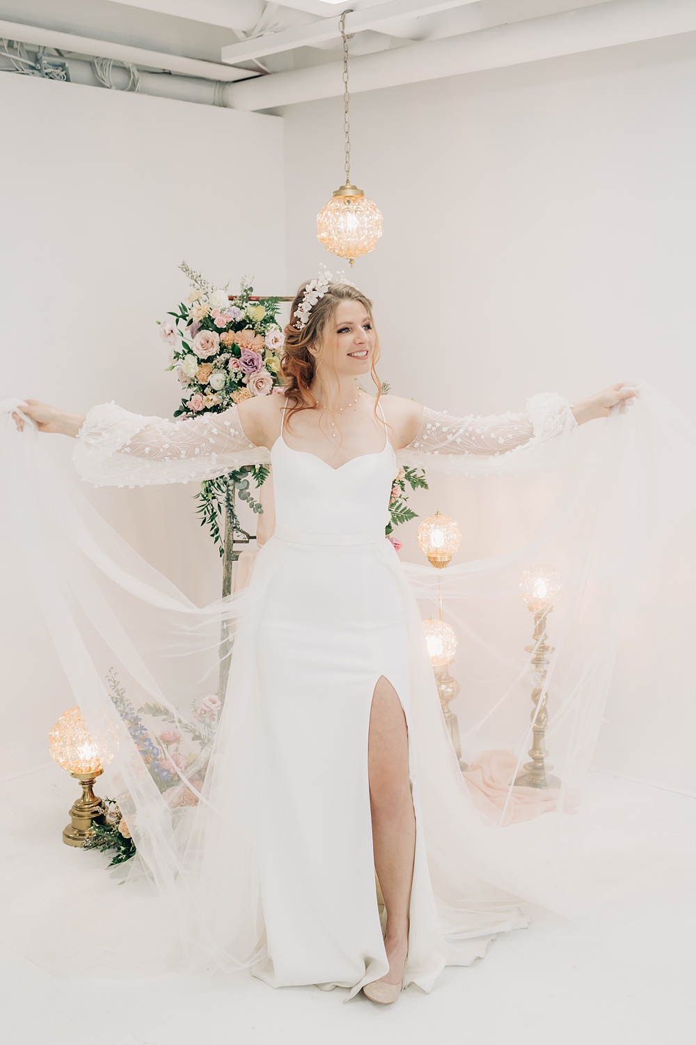 Dress Gown Bride Sleeves Skirt Split Laudae Peach Yellow Lilac Wedding Ideas Tess Lucas Photography