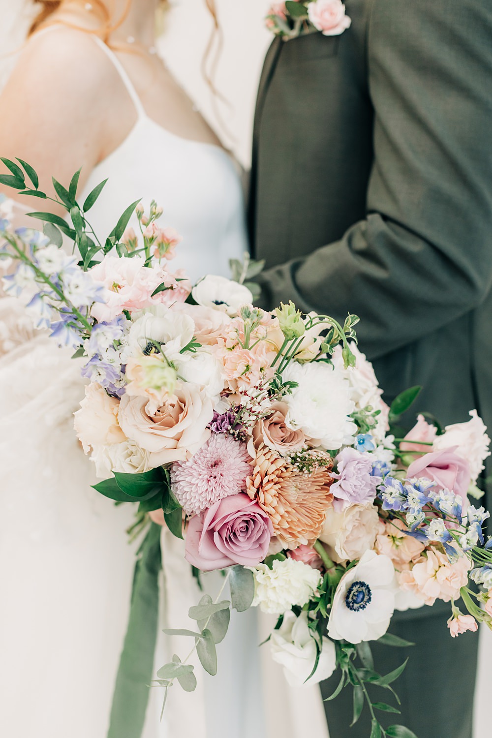 Bouquet Flowers Bride Rose Anemone Blue White Peach Yellow Lilac Wedding Ideas Tess Lucas Photography