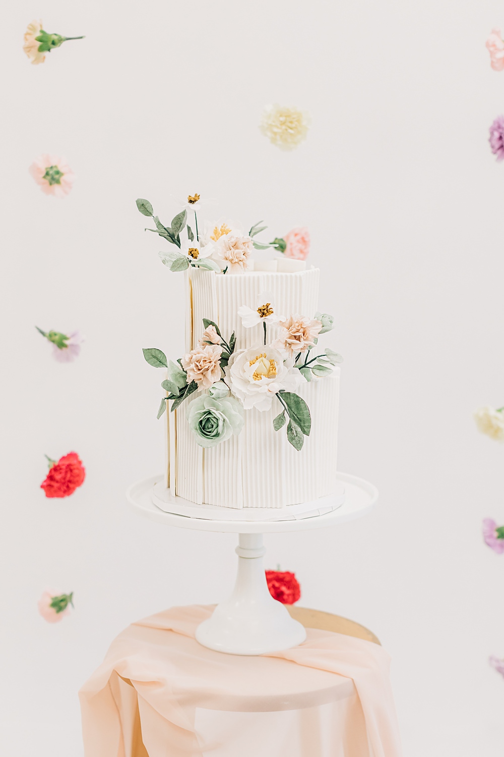 Cake Flower Petal Backdrop Peach Yellow Lilac Wedding Ideas Tess Lucas Photography