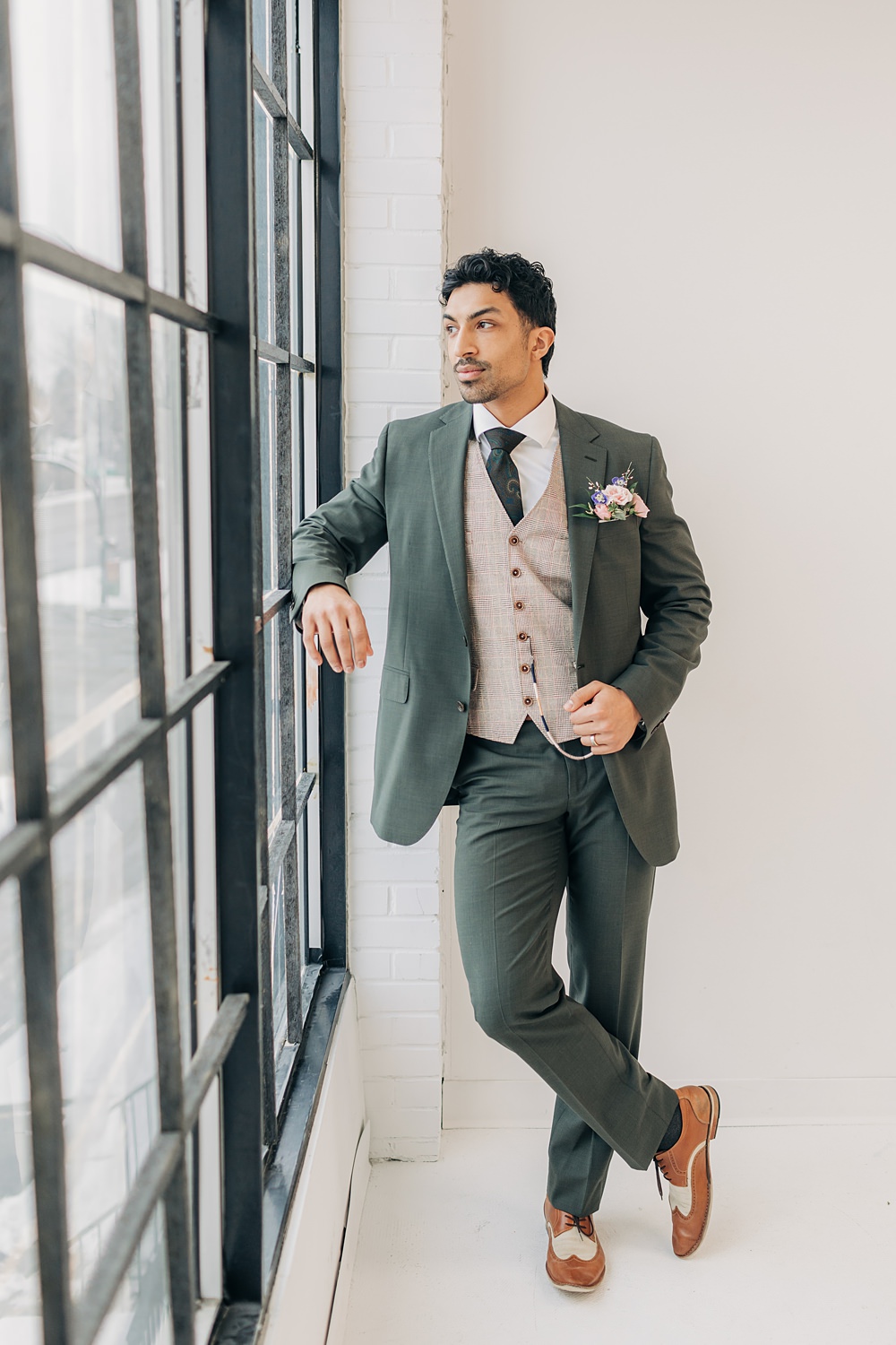 Groom Grey Suit Waistcoat Tie Pocket Flowers Peach Yellow Lilac Wedding Ideas Tess Lucas Photography