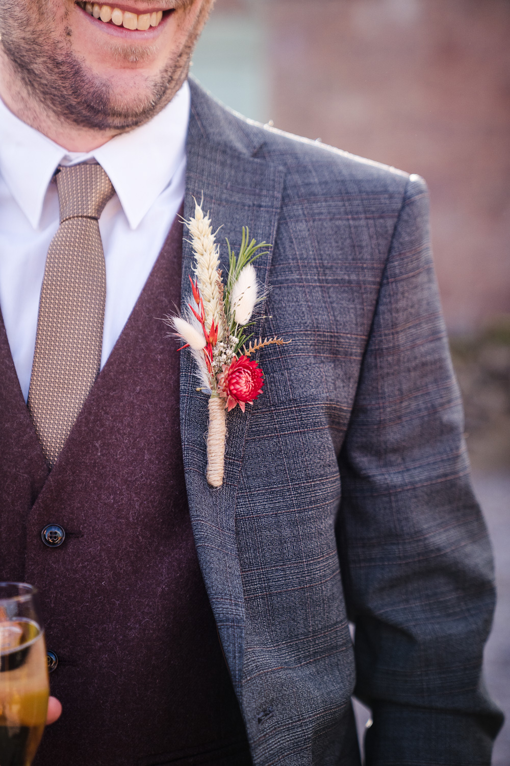 Groom Dried Flower Buttonhole Shropshire Farm Wedding Laura May Photography