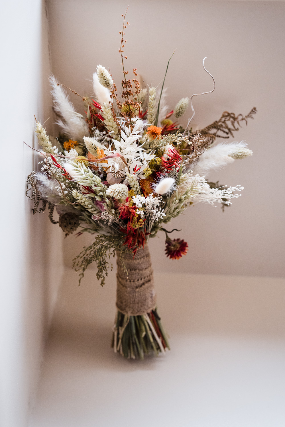 Dried Flower Bouquet Bride Shropshire Farm Wedding Laura May Photography