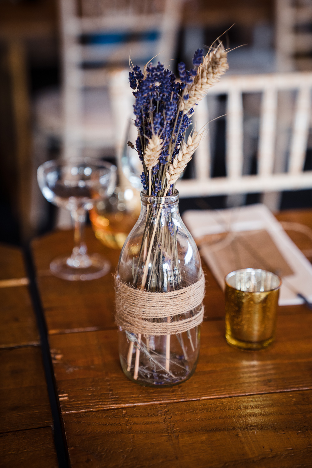 Wheat Lavender Bottle Vase Centrepiece Flowers Shropshire Farm Wedding Laura May Photography