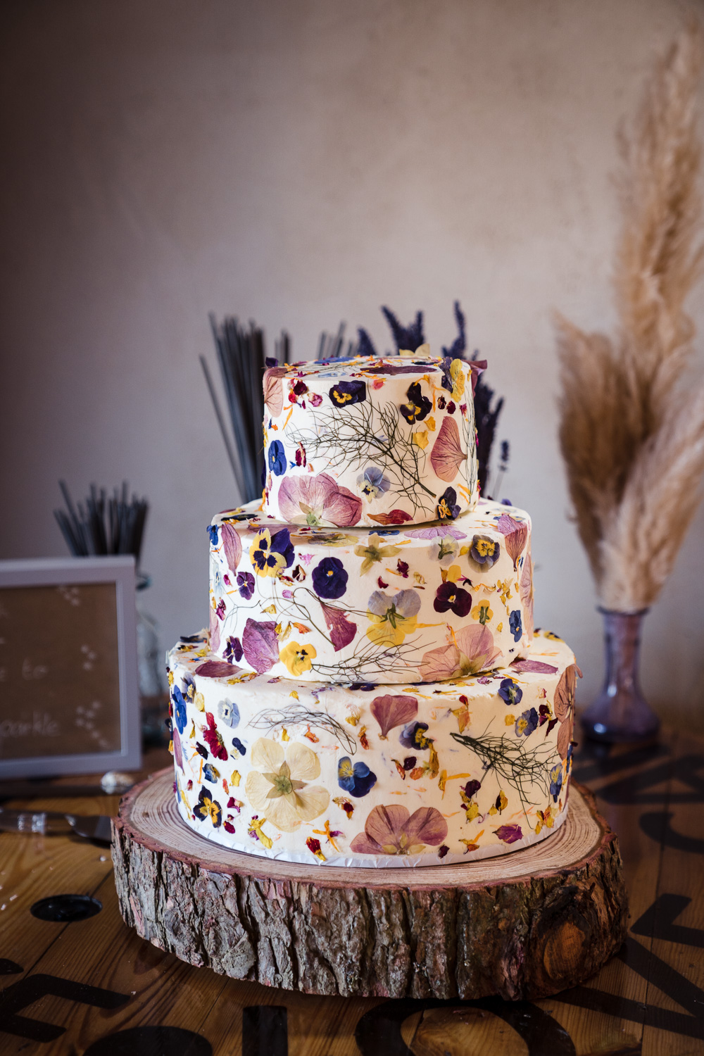 Petal Flower Cake Purple Yellow Shropshire Farm Wedding Laura May Photography