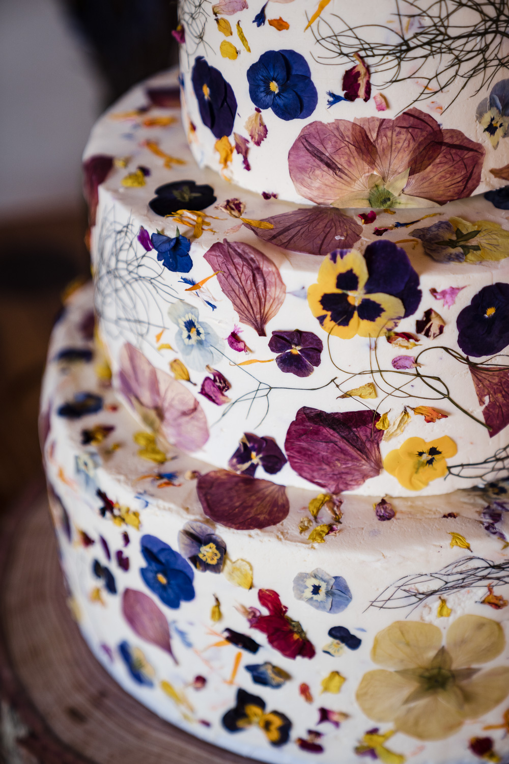 Petal Flower Cake Purple Yellow Shropshire Farm Wedding Laura May Photography