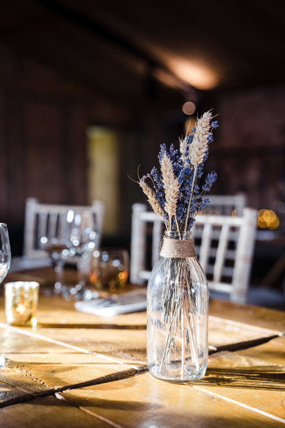 Wheat Lavender Bottle Vase Centrepiece Flowers Shropshire Farm Wedding Laura May Photography