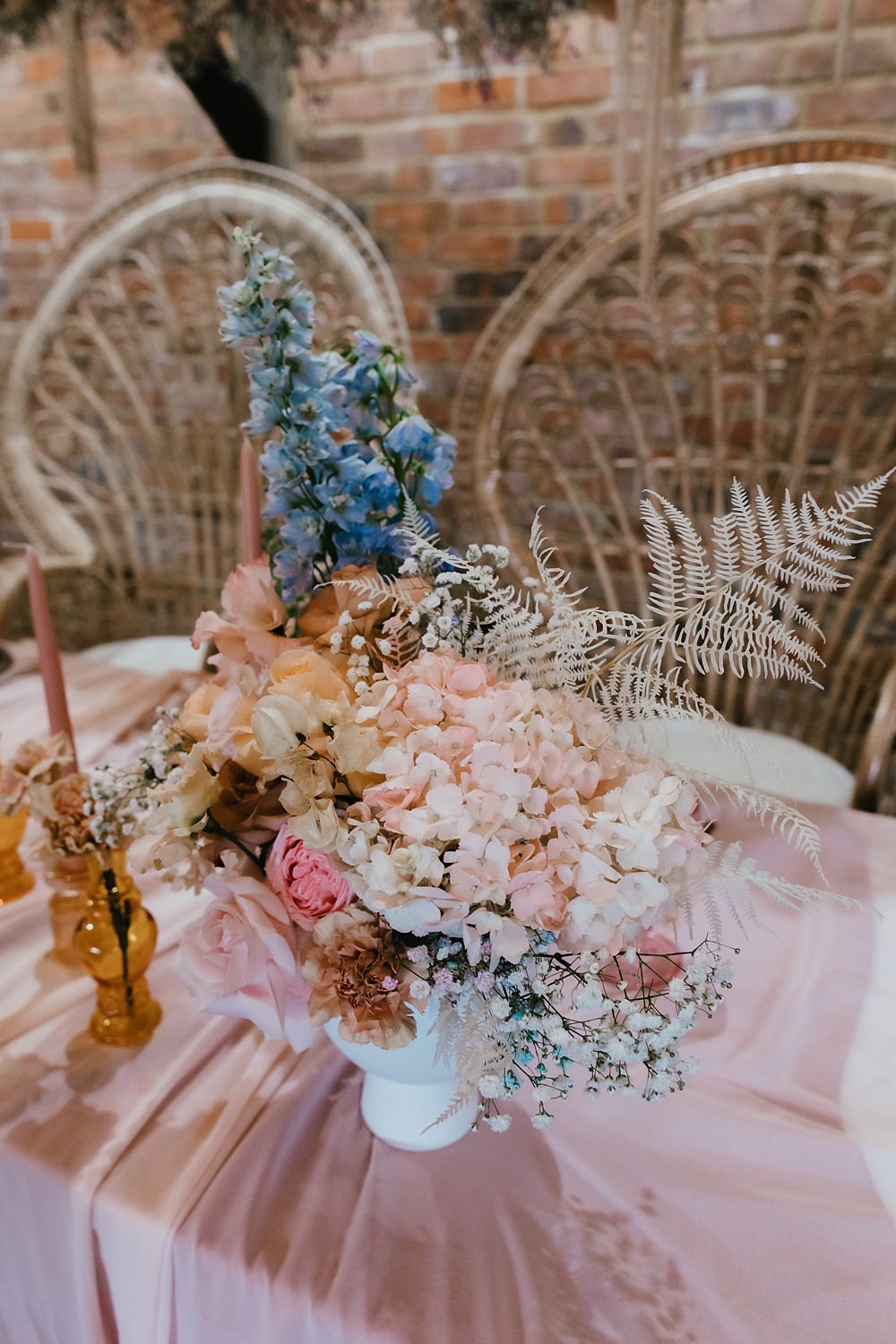 Table Decor Pink Cloth Candles Amber Glassware Flowers Pastel Decor Stokes Barn Farm Wedding Ideas Pippa Volans Photography