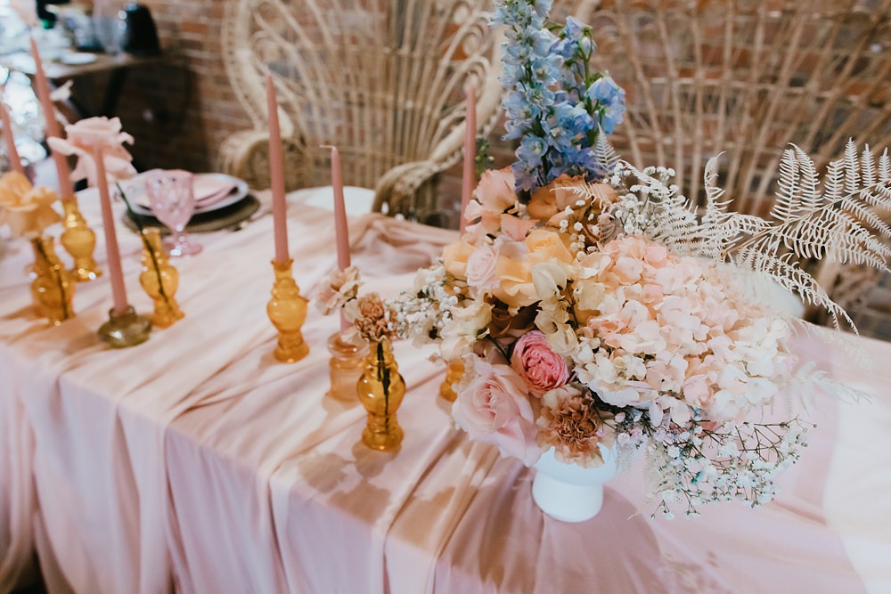 Table Decor Pink Cloth Candles Amber Glassware Flowers Pastel Decor Stokes Barn Farm Wedding Ideas Pippa Volans Photography
