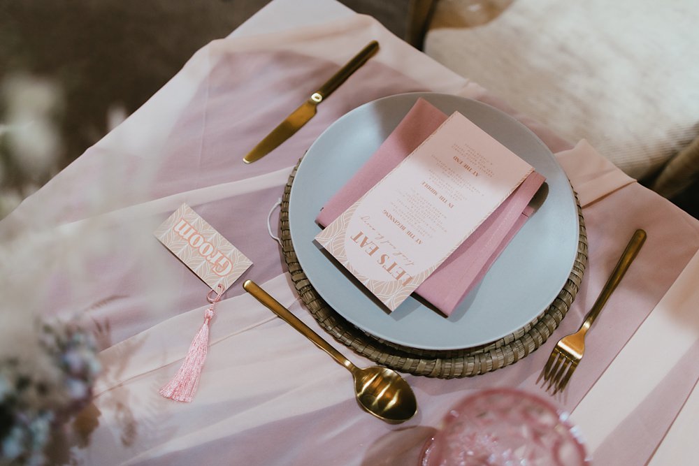 Place Setting Gold Cutlery Menu Card Stokes Barn Farm Wedding Ideas Pippa Volans Photography