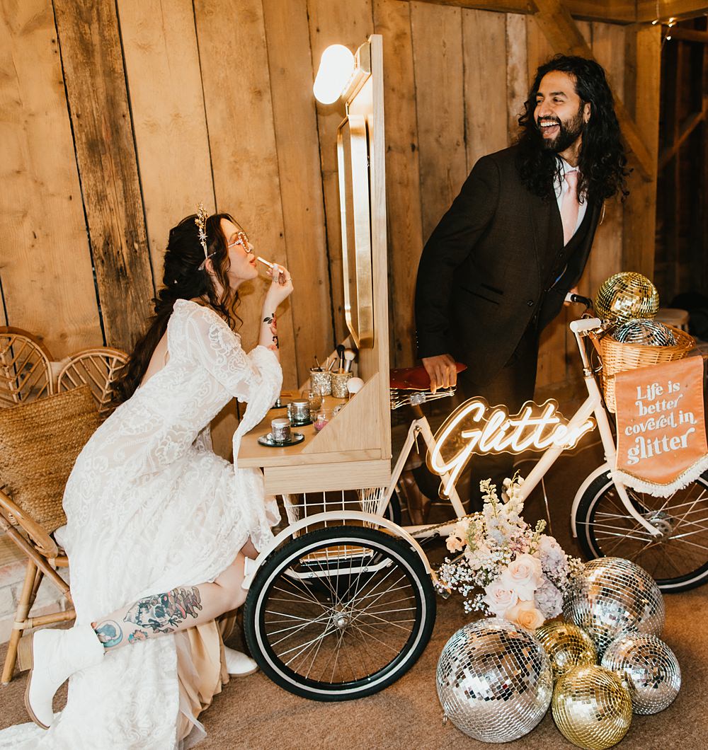 Glitter Station Bicycle Stokes Barn Farm Wedding Ideas Pippa Volans Photography
