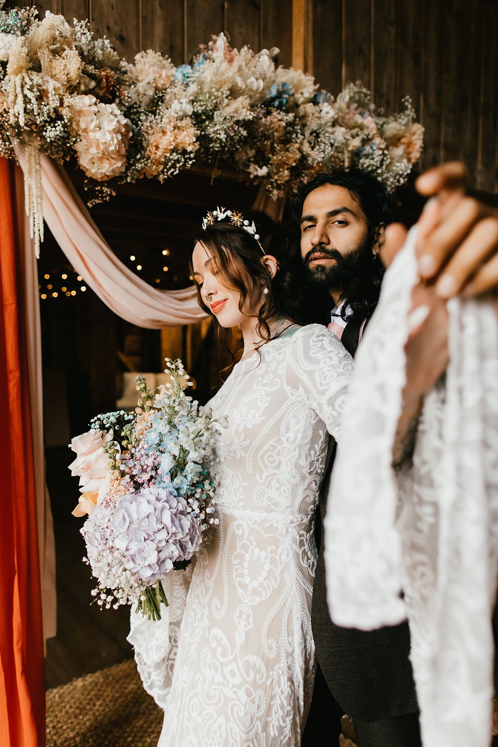 Dress Gown Lace Sleeves Boho Stokes Barn Farm Wedding Ideas Pippa Volans Photography