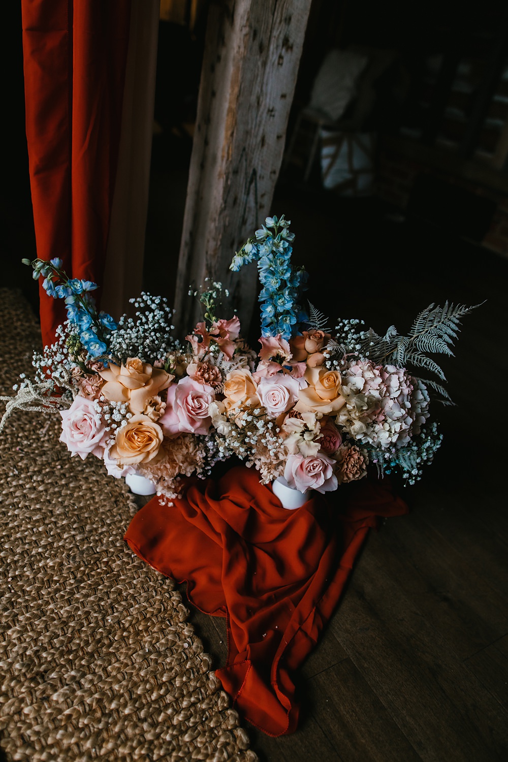 Floor Flowers Modern Pink Blue Stokes Barn Farm Wedding Ideas Pippa Volans Photography