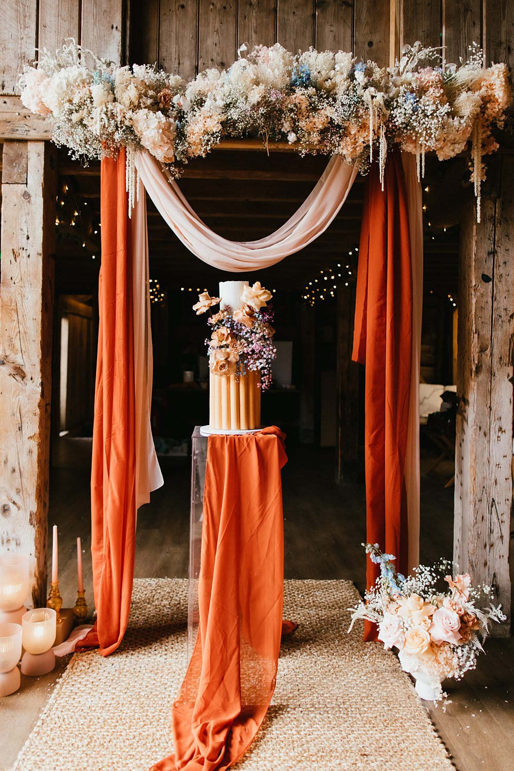 Flower Arch Drapes Fabric Backdrop Cake Dessert Stokes Barn Farm Wedding Ideas Pippa Volans Photography