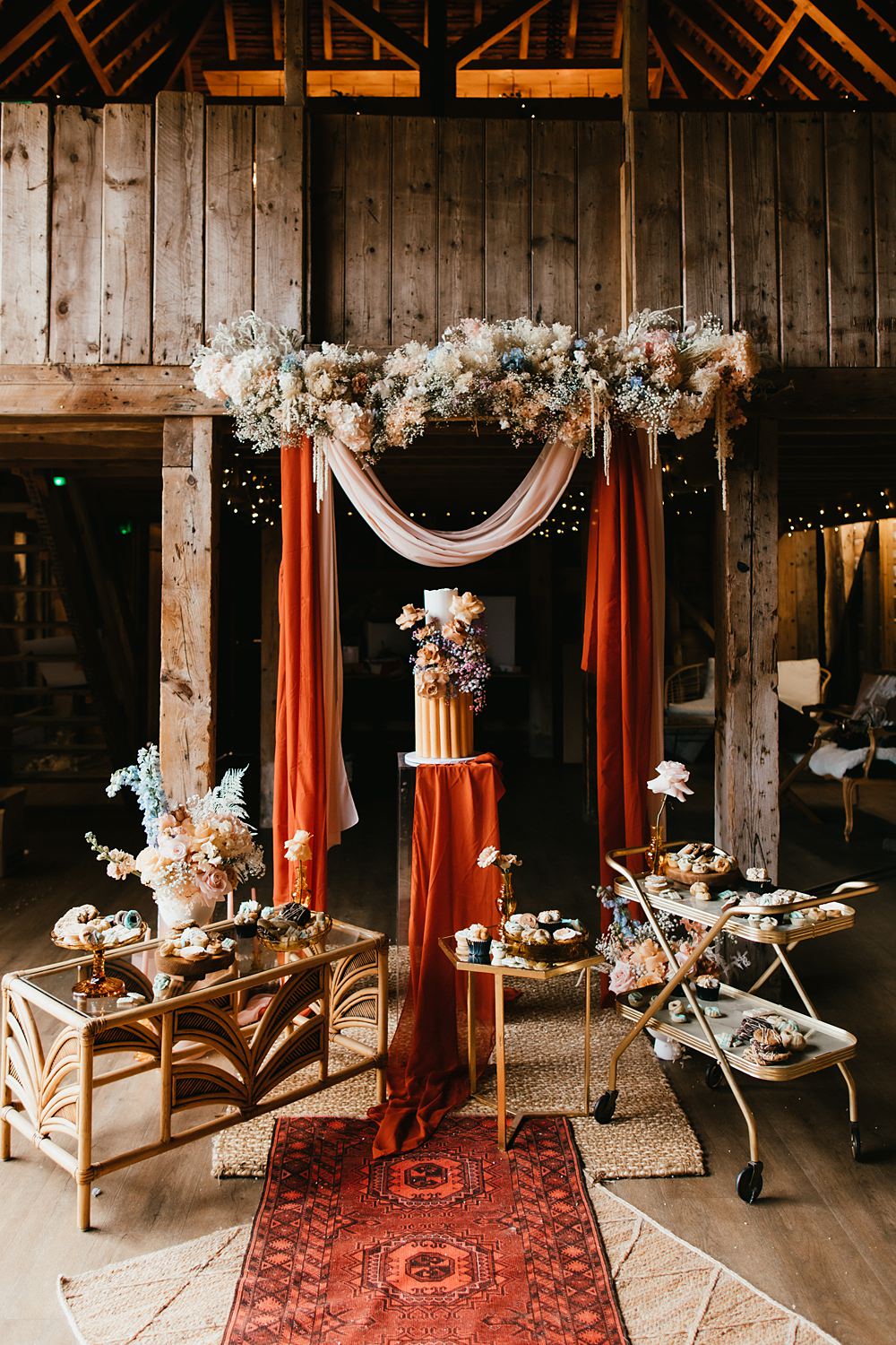 Flower Arch Drapes Fabric Backdrop Cake Dessert Stokes Barn Farm Wedding Ideas Pippa Volans Photography