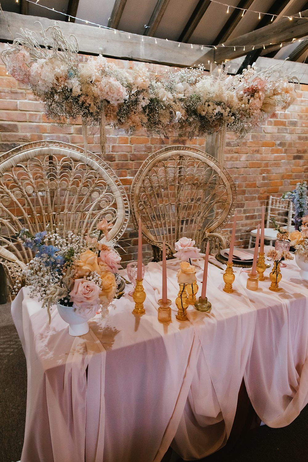 Table Decor Pink Cloth Candles Amber Glassware Flowers Pastel Decor Stokes Barn Farm Wedding Ideas Pippa Volans Photography