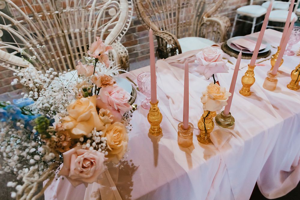 Table Decor Pink Cloth Candles Amber Glassware Flowers Pastel Decor Stokes Barn Farm Wedding Ideas Pippa Volans Photography