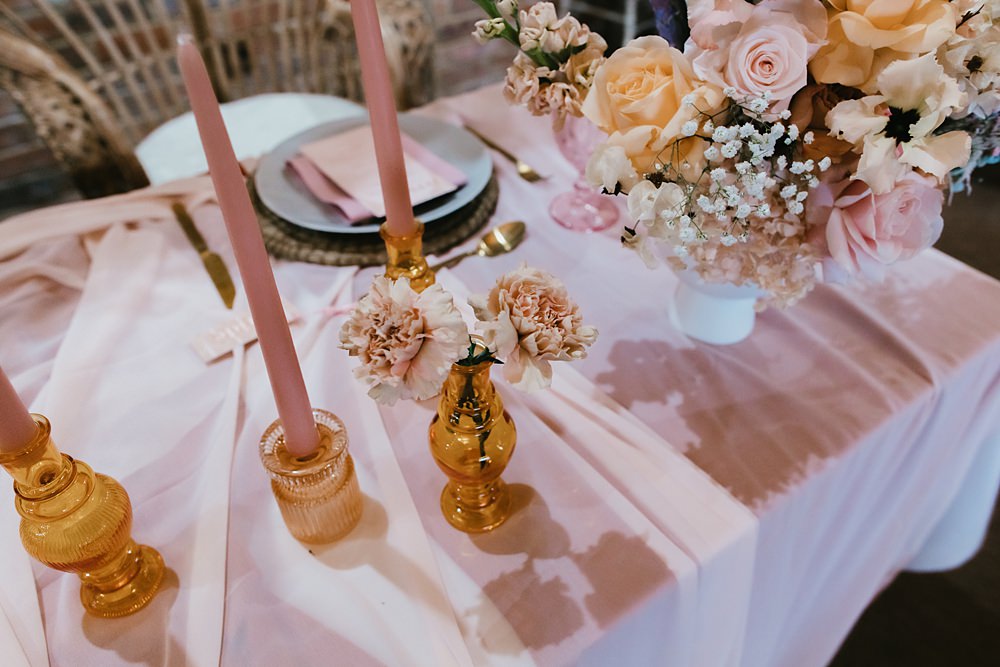 Table Decor Pink Cloth Candles Amber Glassware Flowers Pastel Decor Stokes Barn Farm Wedding Ideas Pippa Volans Photography