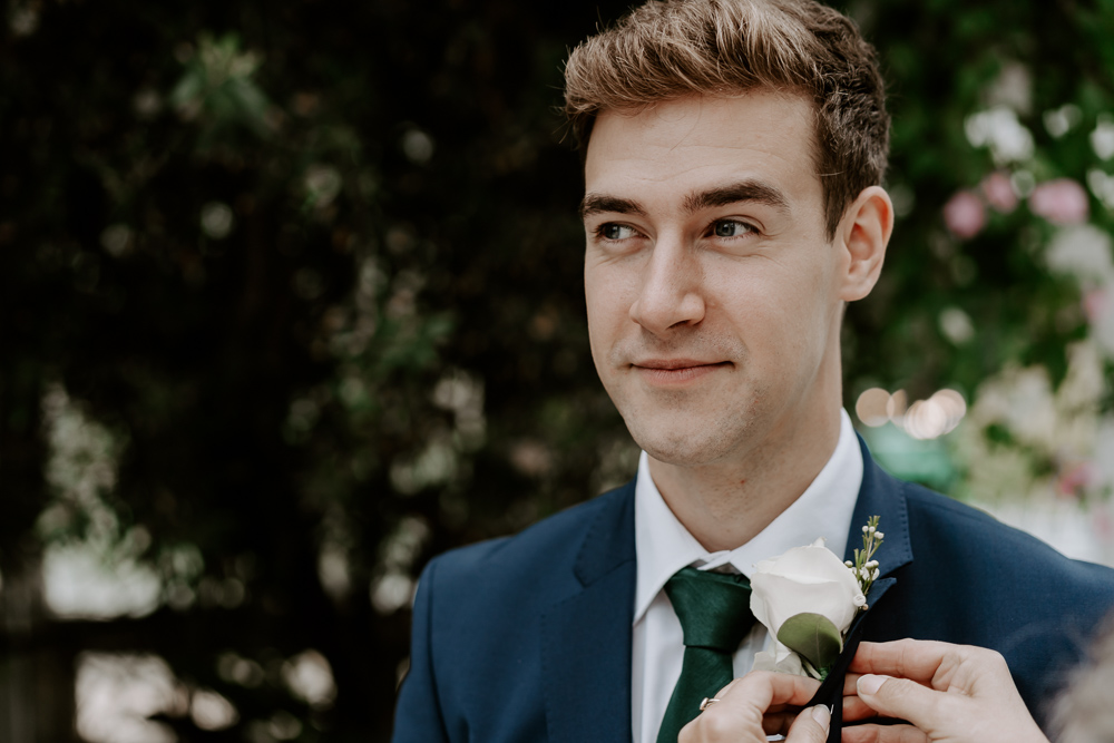 Groom Rose Buttonhole Tropical Botanical Wedding Gina Fernandes Photography