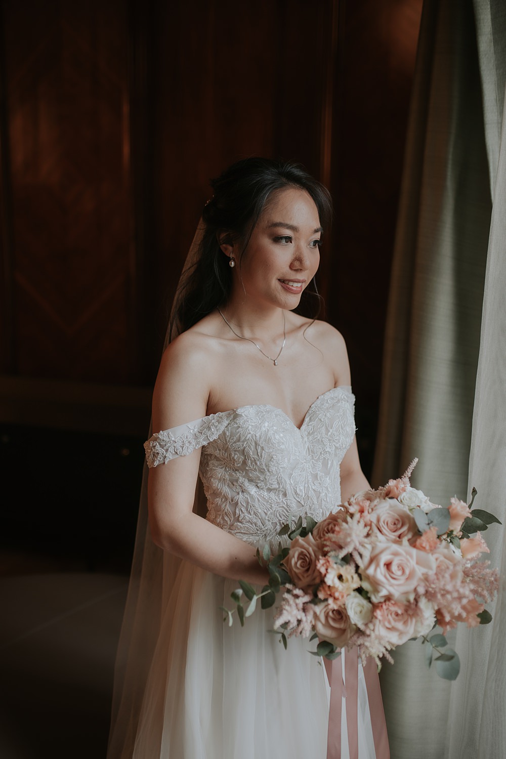 Dress Gown Bride Off Shoulder Tulle Yi-Ban London Wedding Grace Pham Photography