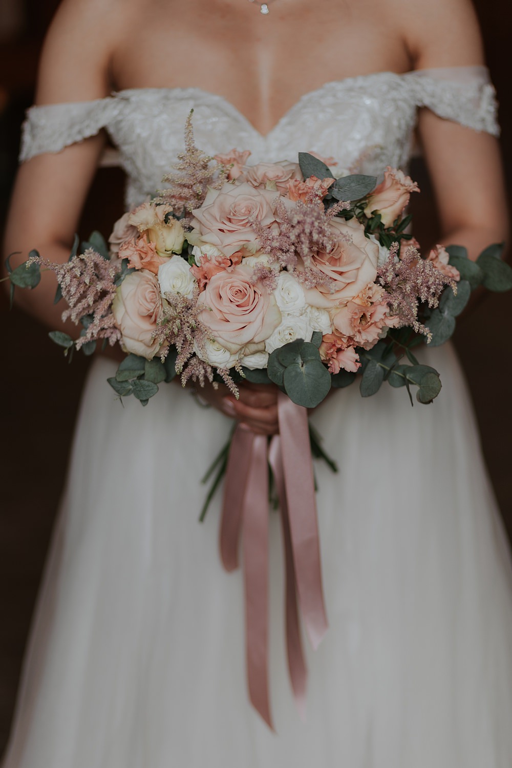 Bouquet Flowers Bride Pink Rose Ribbon Yi-Ban London Wedding Grace Pham Photography