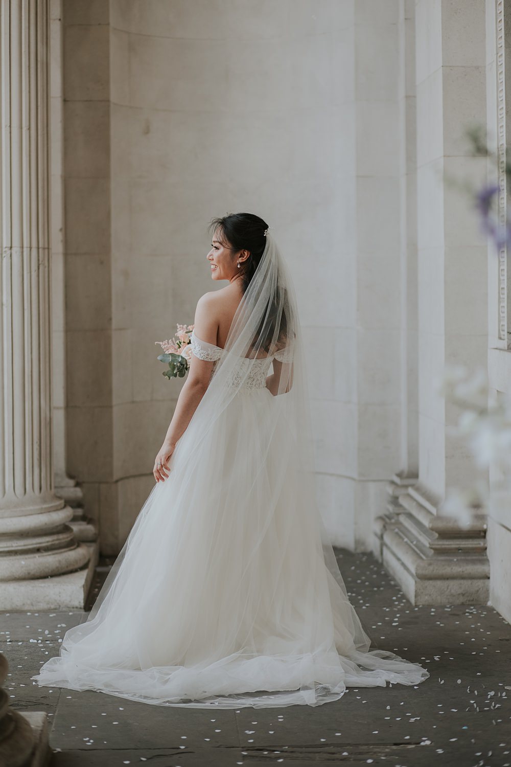 Dress Gown Bride Off Shoulder Tulle Veil Yi-Ban London Wedding Grace Pham Photography