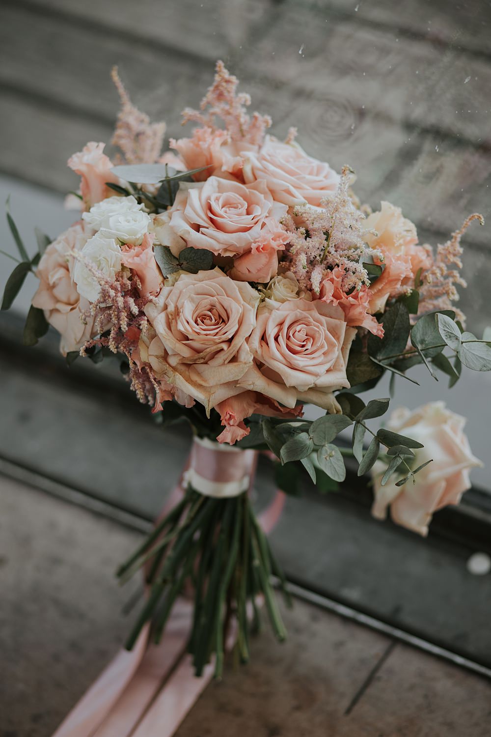 Bouquet Flowers Bride Pink Rose Ribbon Yi-Ban London Wedding Grace Pham Photography