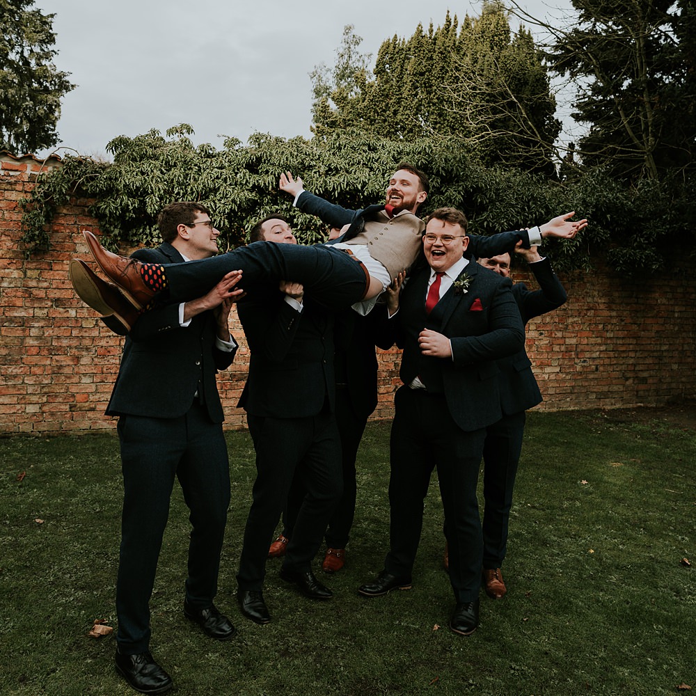Groom Suit Navy Red Tie Groomsmen Aswarby Rectory Wedding Ben Barron