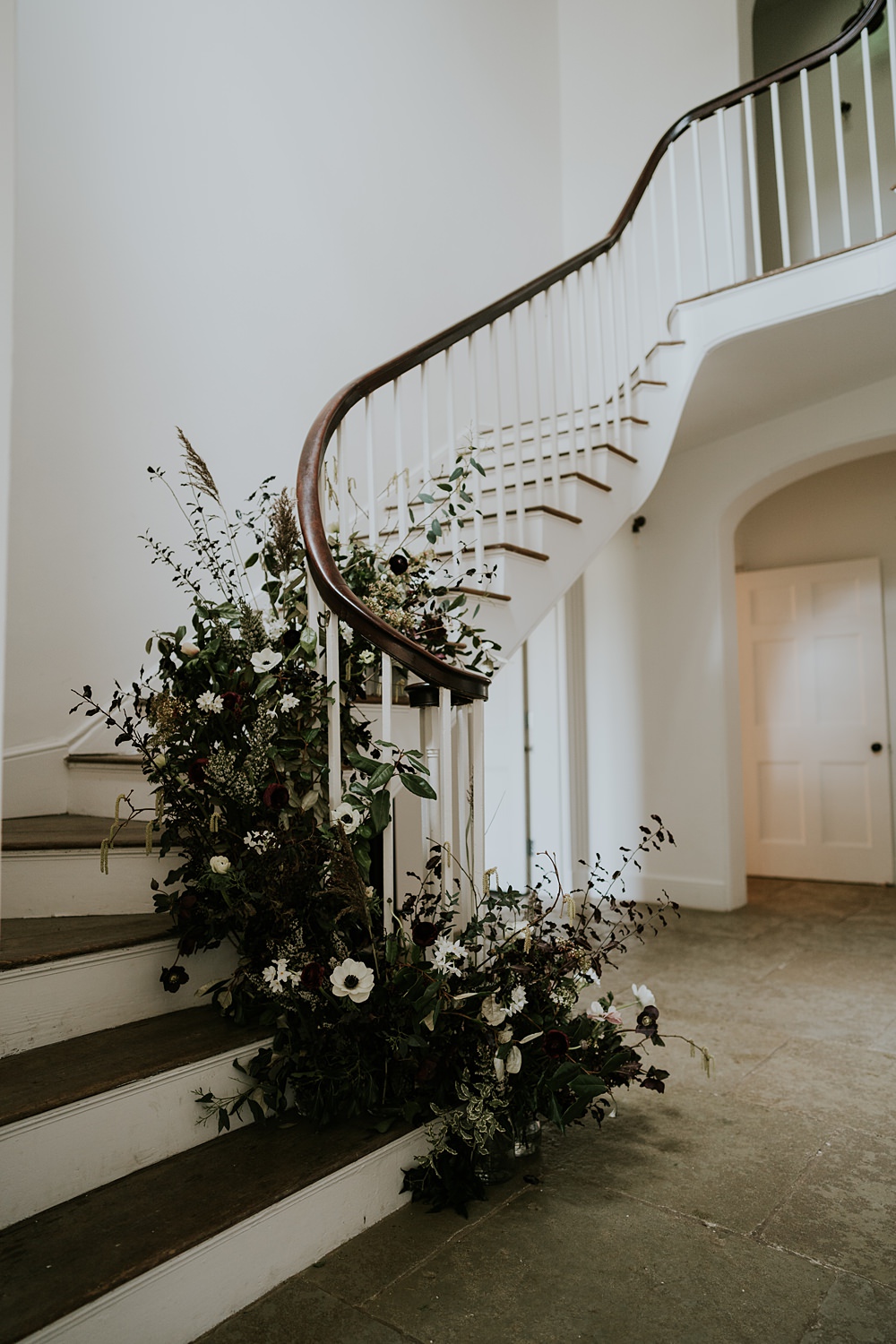 Staircase Flowers Greenery White Aswarby Rectory Wedding Ben Barron