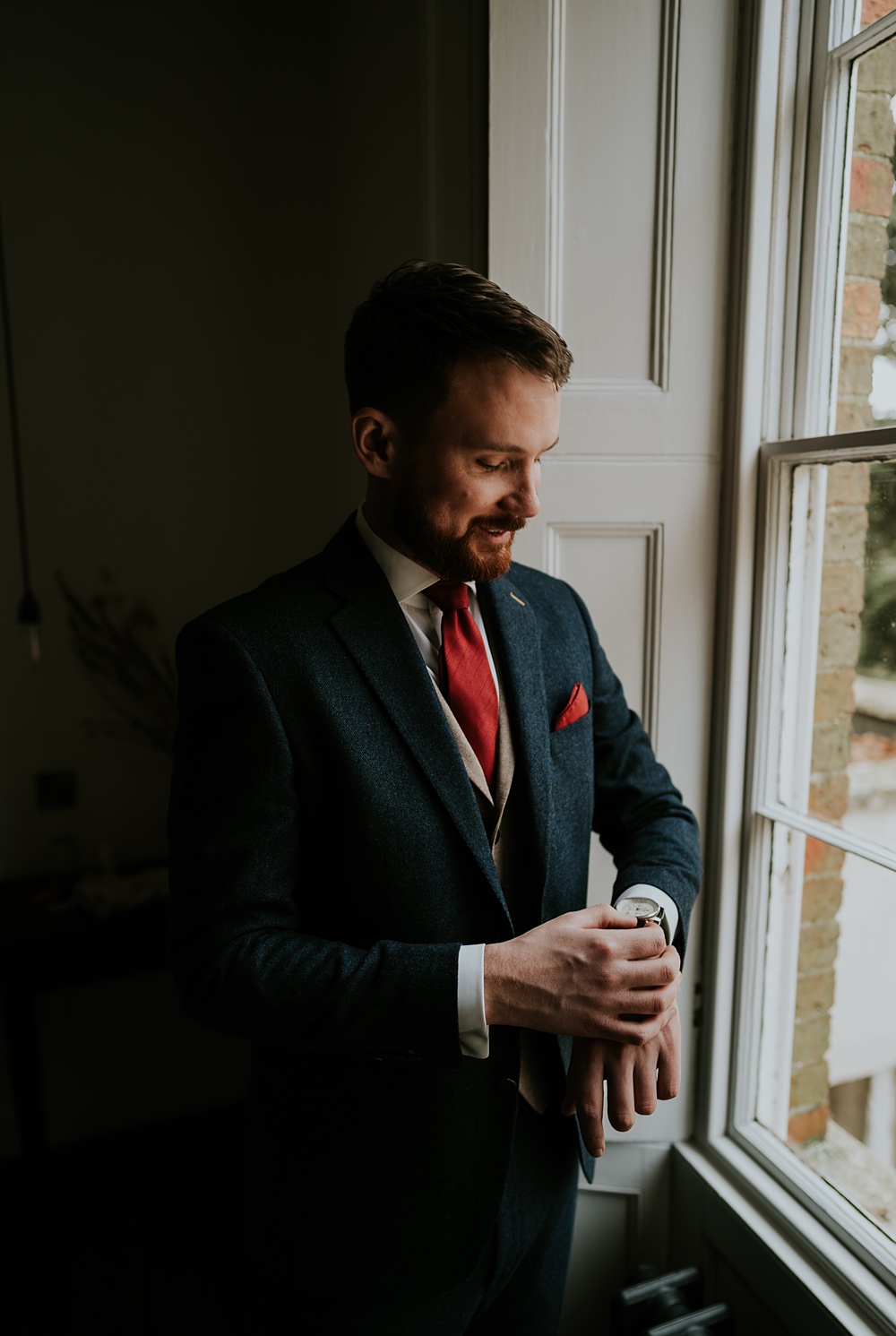 Groom Suit Navy Red Tie Aswarby Rectory Wedding Ben Barron
