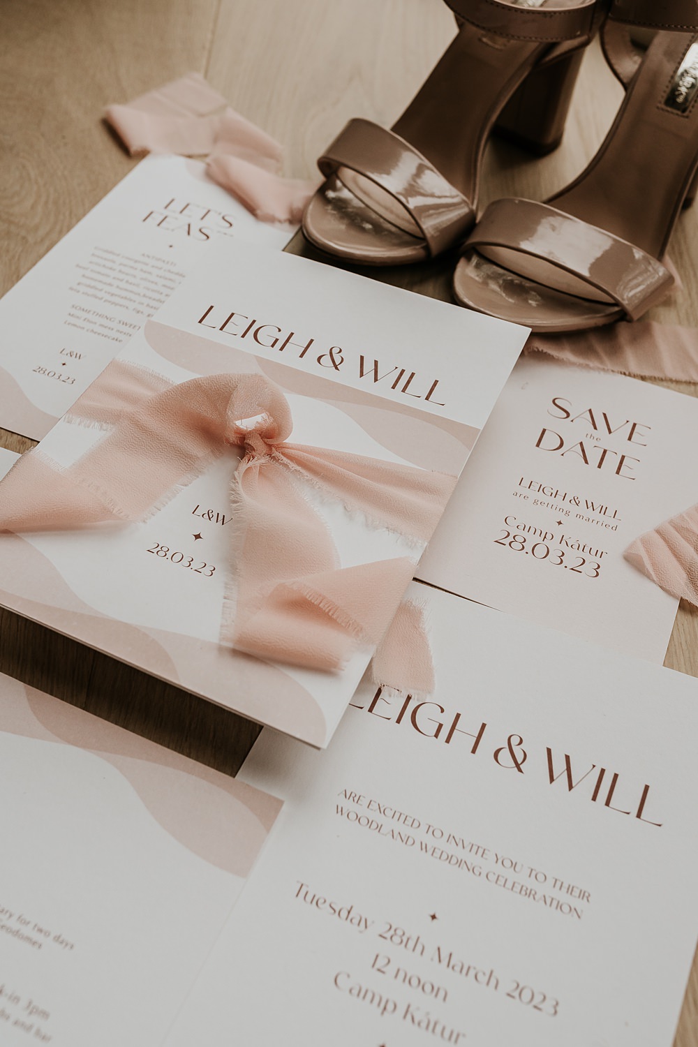 Beige Barn Boho Wedding Gabrielas Photography and Film Pink Gold Ribbon Invites Stationery