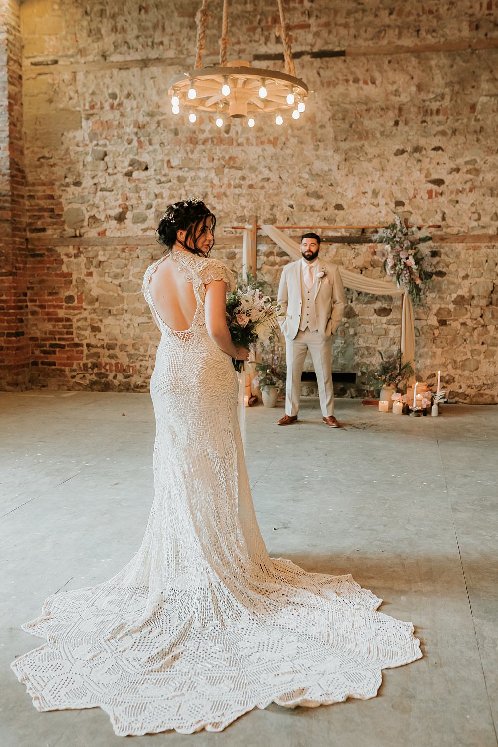 beige boho wedding dress Lace Long Sleeves Boho Wedding Dresses with Open Back – loveangeldress main image 0