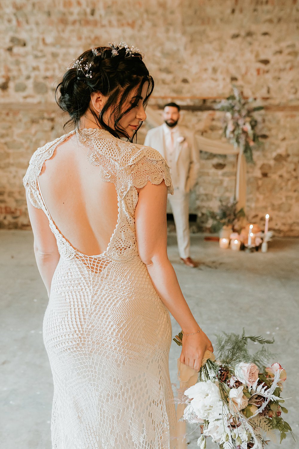 Lace Crochet Gown Cap Sleeve Bride Beige Barn Boho Wedding Gabrielas Photography and Film