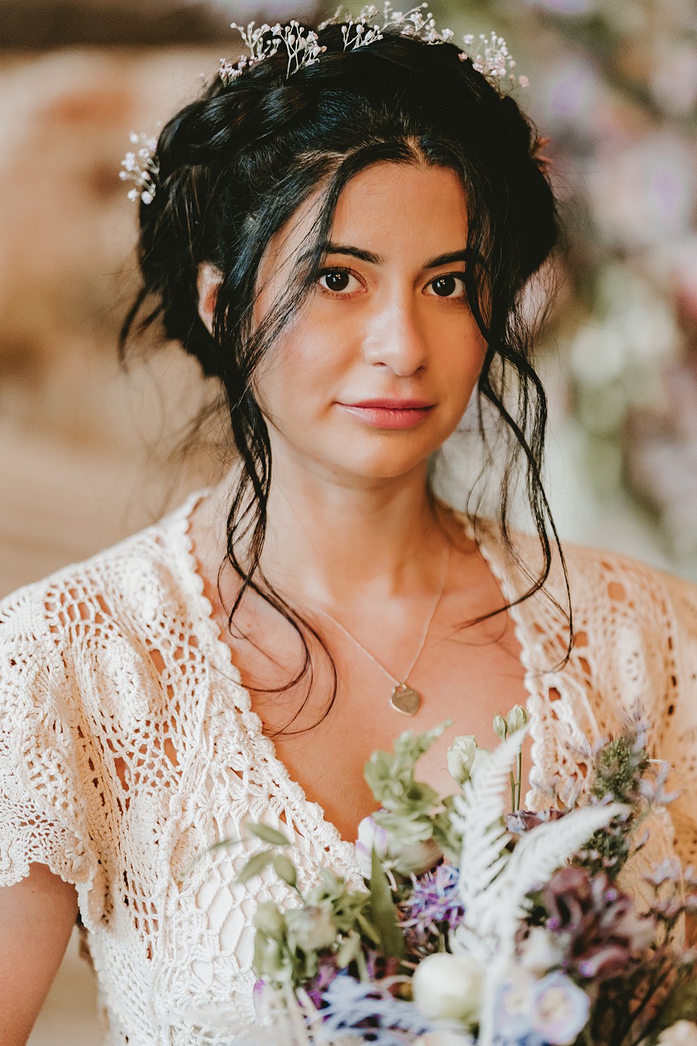 Bride Makeup Natural Hair Updo Beige Barn Boho Wedding Gabrielas Photography and Film
