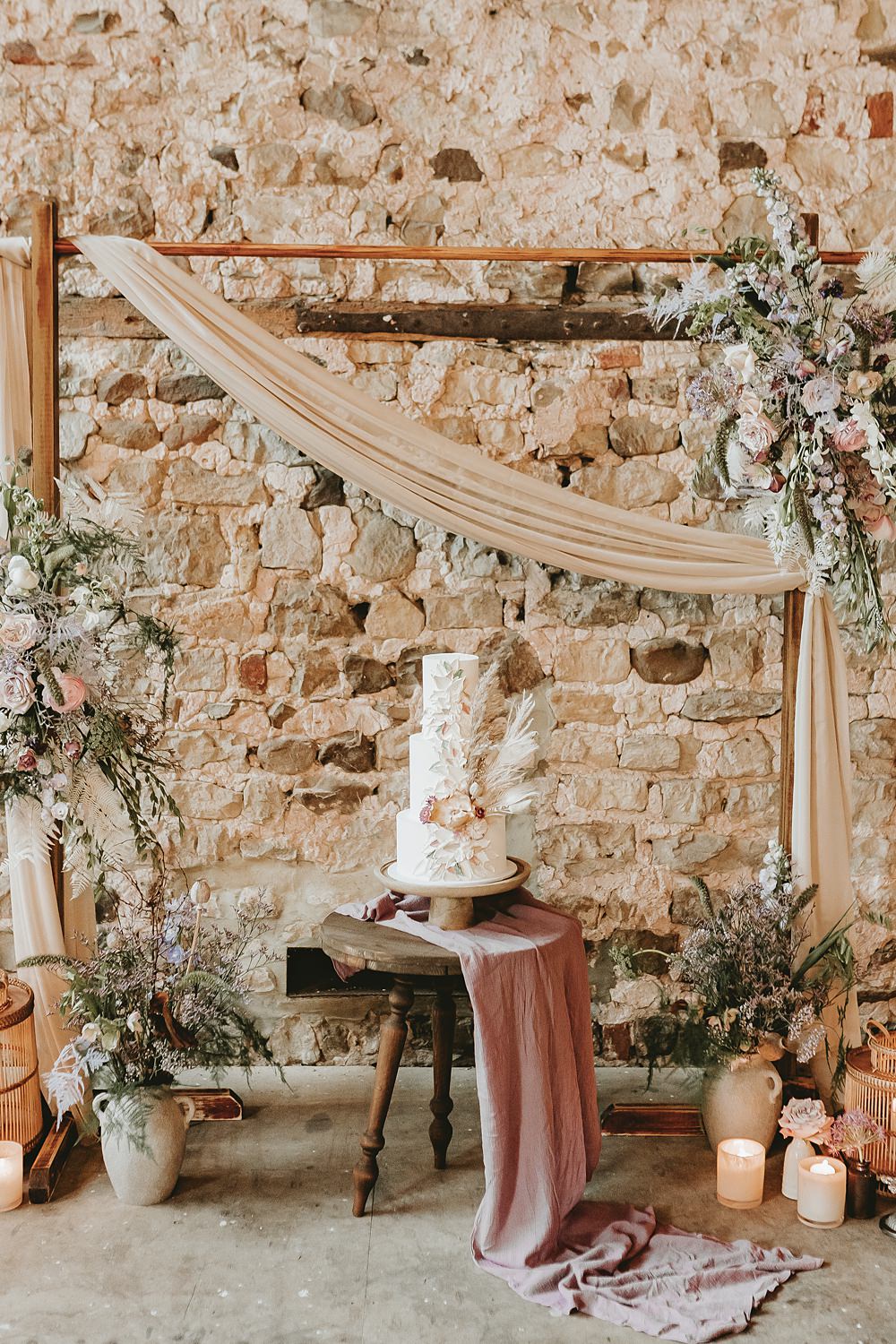 Cake Table Backdrop Beige Barn Boho Wedding Gabrielas Photography and Film