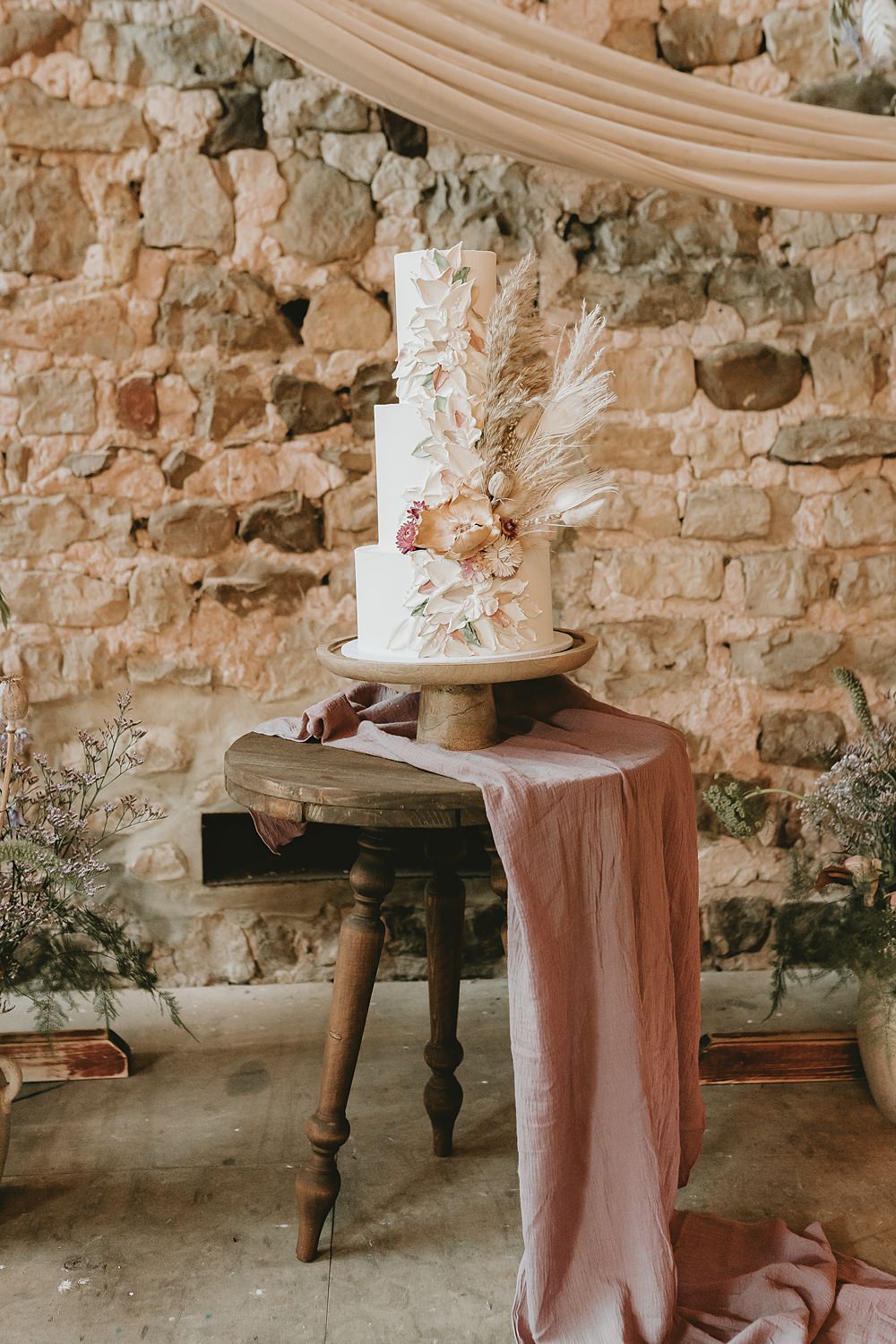 Cake Dried Flowers Table Beige Barn Boho Wedding Gabrielas Photography and Film