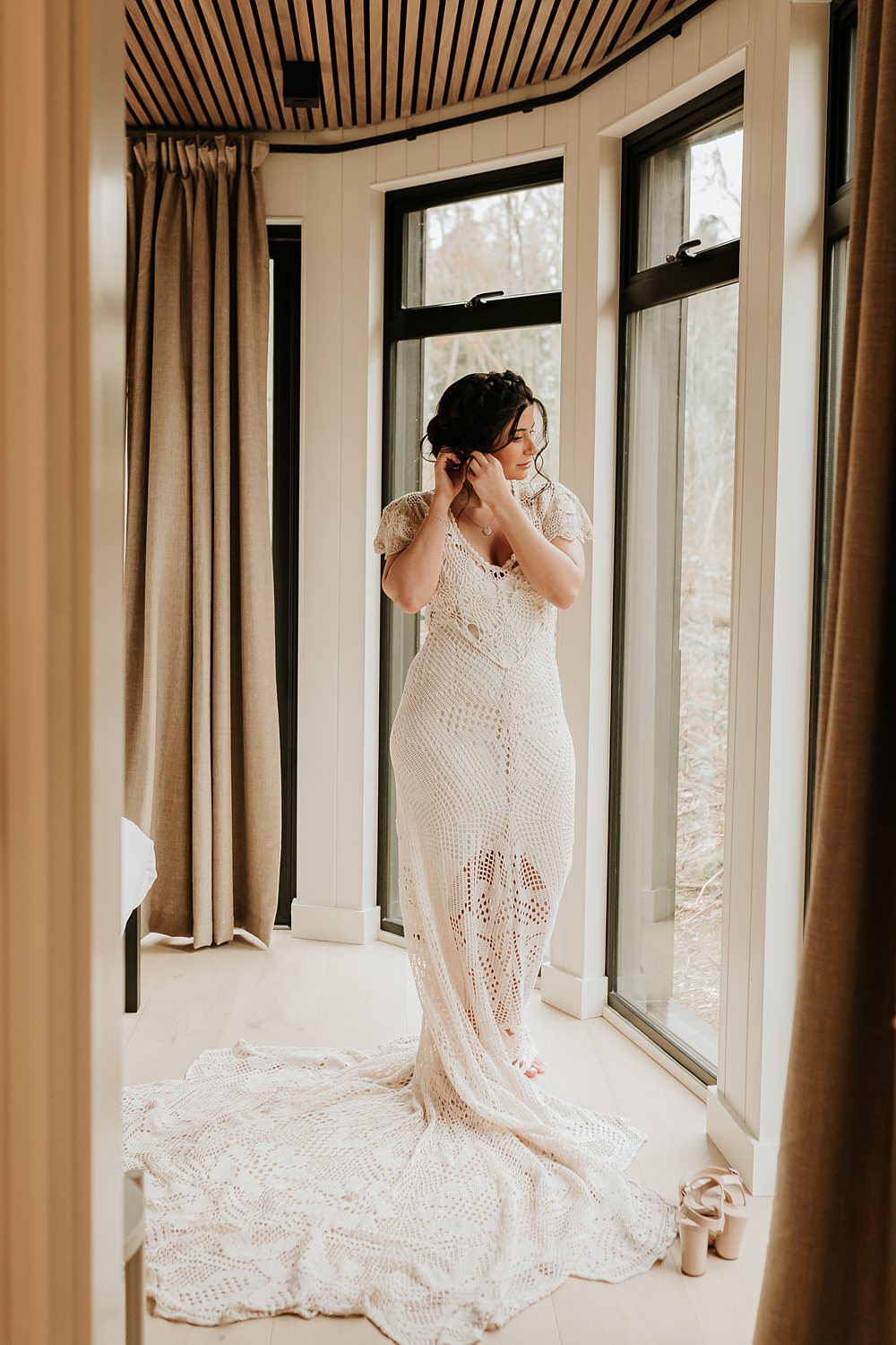 Lace Crochet Gown Cap Sleeve Bride Beige Barn Boho Wedding Gabrielas Photography and Film