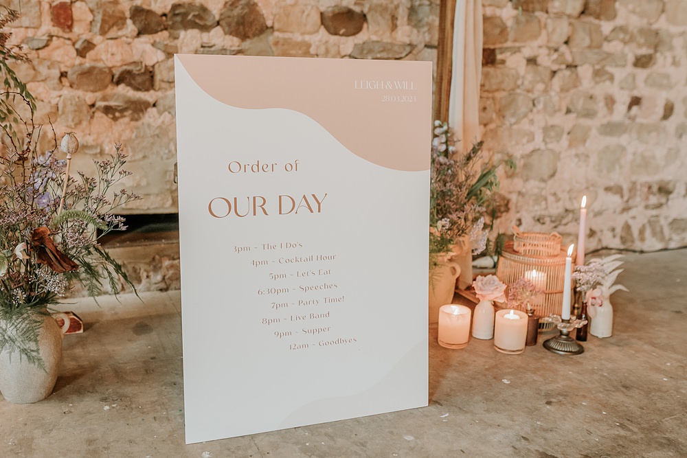 Order Day Sign Pink Beige Barn Boho Wedding Gabrielas Photography and Film