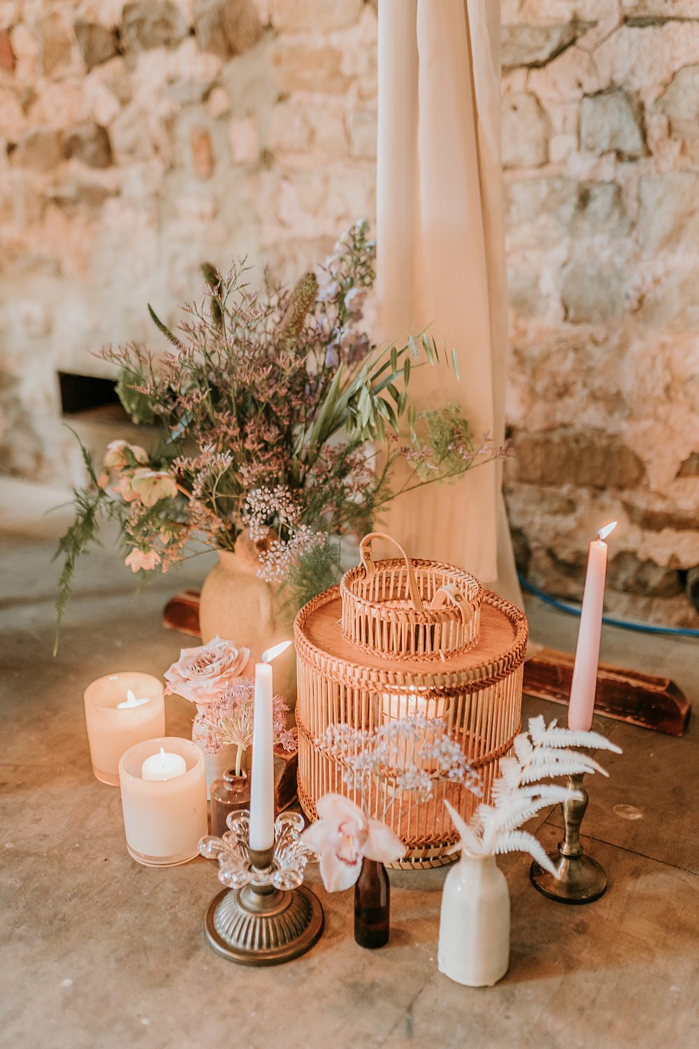 Candles Flowers Ceremony Decor Beige Barn Boho Wedding Gabrielas Photography and Film