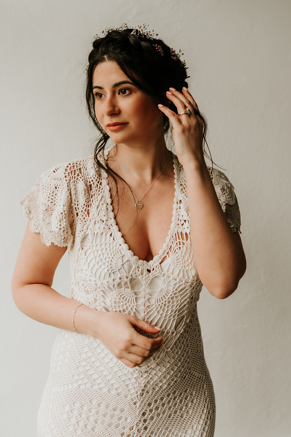 Lace Crochet Gown Cap Sleeve Bride Beige Barn Boho Wedding Gabrielas Photography and Film