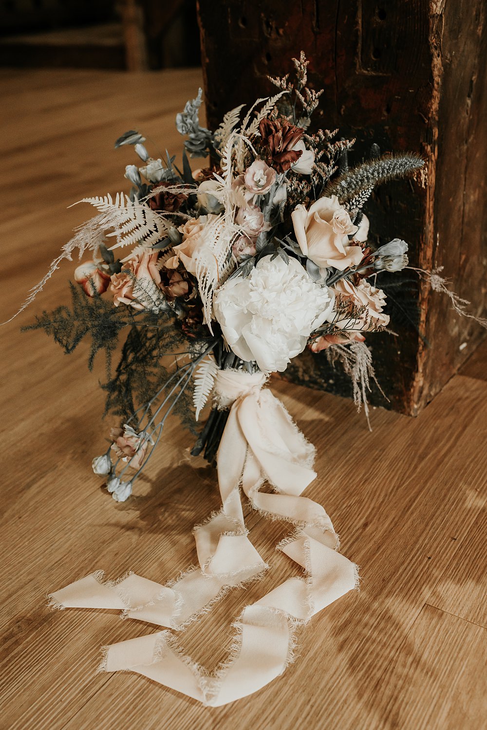 Bouquet Flowers Bride Ribbon Beige Barn Boho Wedding Gabrielas Photography and Film