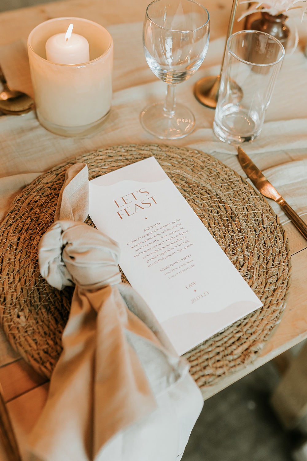 Place Setting Napkin Menu Rattan Mat Beige Barn Boho Wedding Gabrielas Photography and Film