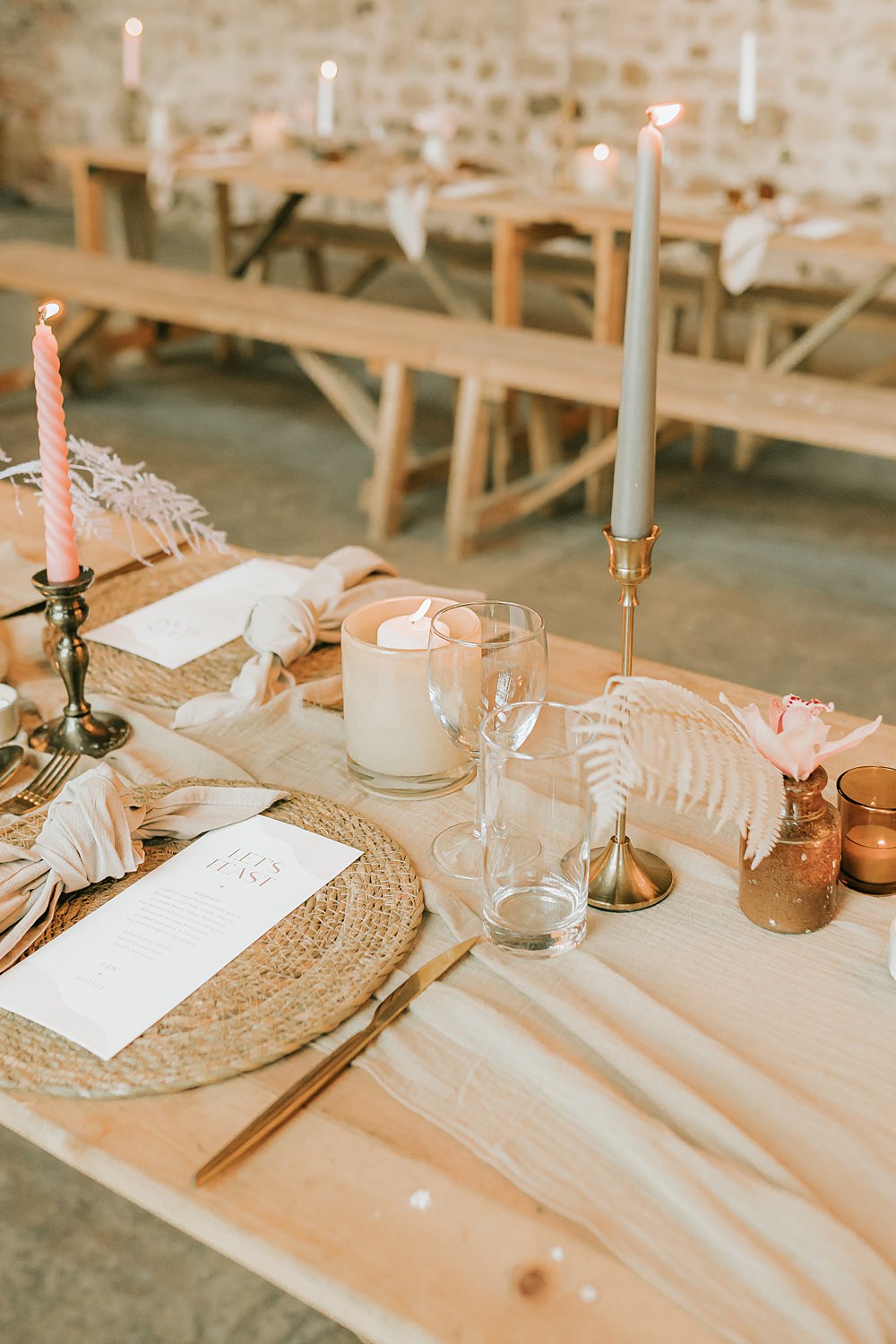 Place Setting Napkin Menu Rattan Mat Beige Barn Boho Wedding Gabrielas Photography and Film