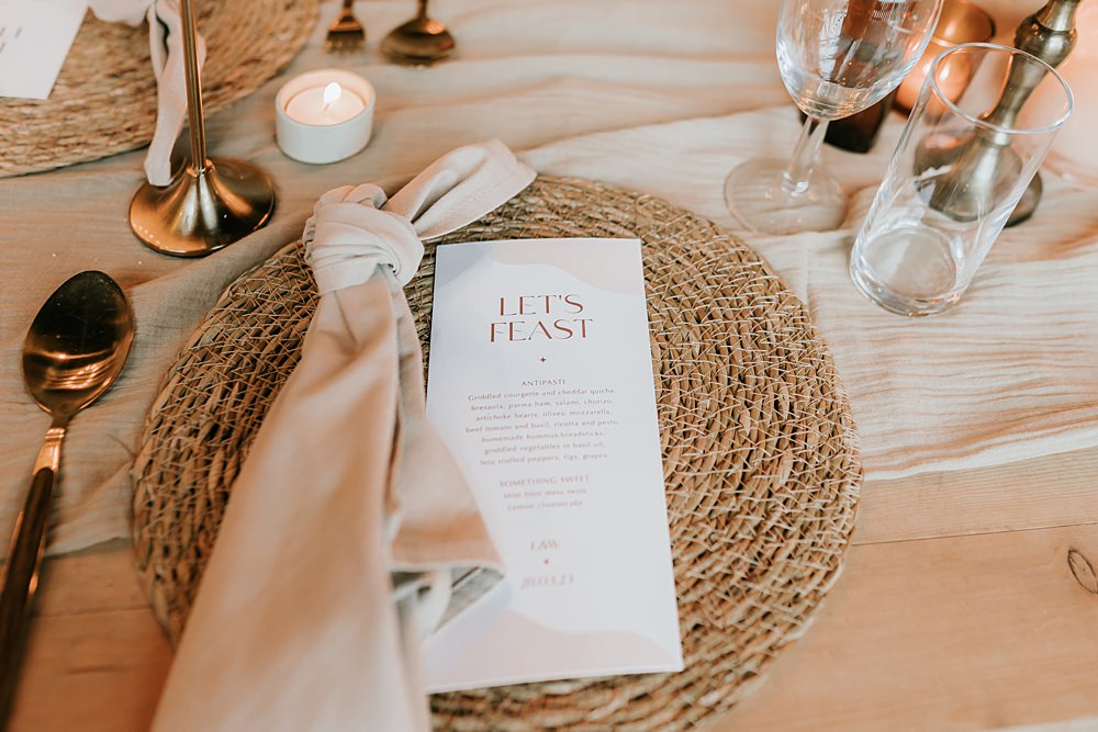 Place Setting Napkin Menu Rattan Mat Beige Barn Boho Wedding Gabrielas Photography and Film