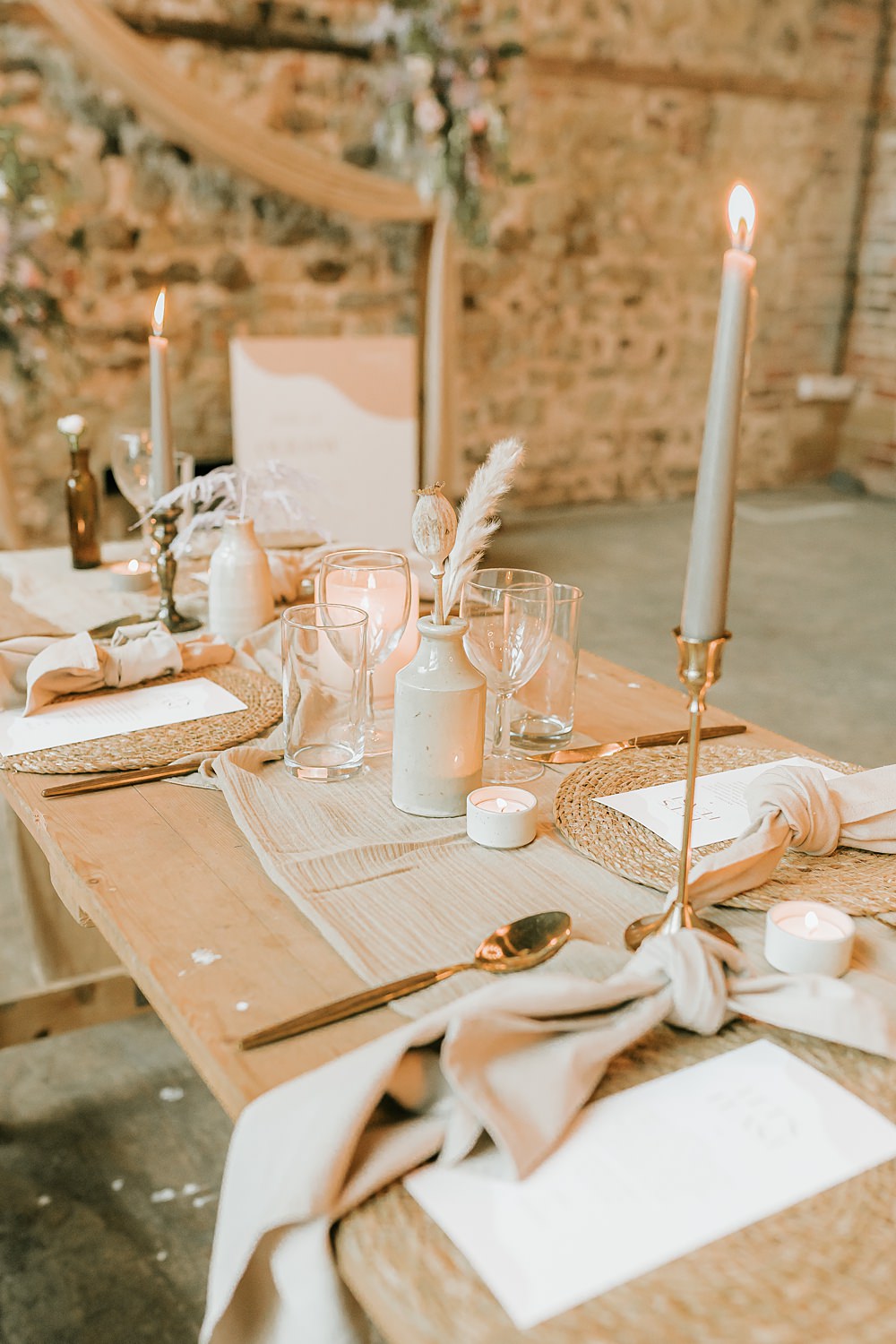 Table Decor Pampas Grass Candles Gold Cutlery Fabric Runner Beige Barn Boho Wedding Gabrielas Photography and Film