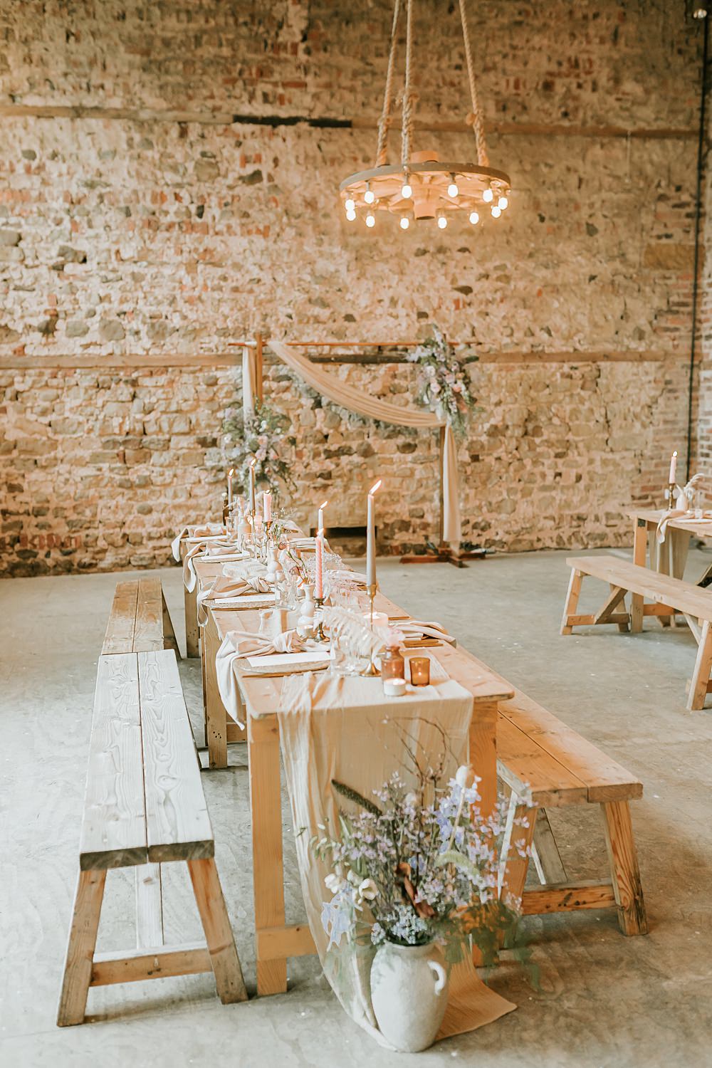 Table Decor Pampas Grass Candles Gold Cutlery Fabric Runner Beige Barn Boho Wedding Gabrielas Photography and Film