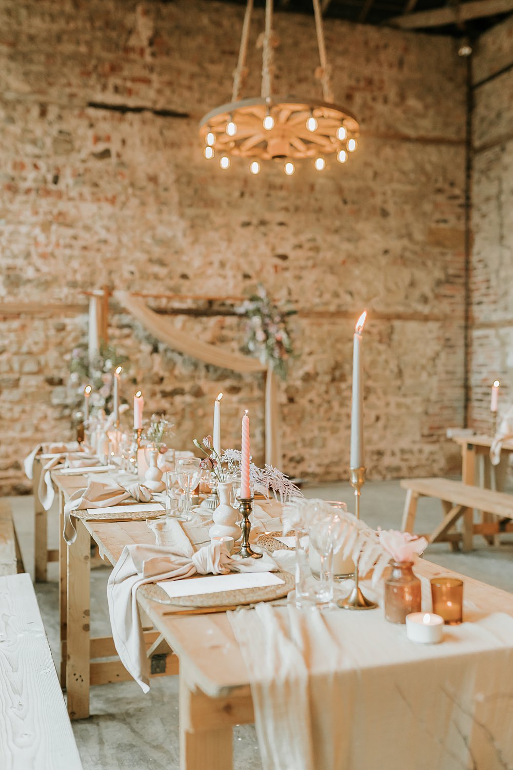 Table Decor Pampas Grass Candles Gold Cutlery Fabric Runner Beige Barn Boho Wedding Gabrielas Photography and Film